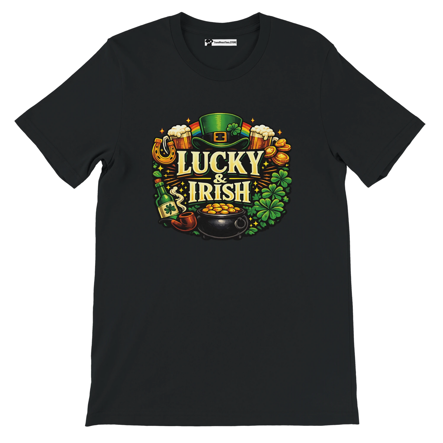 Black t-shirt with "Lucky & Irish" text, leprechaun hat, clovers, gold coins, and St. Patrick's Day theme