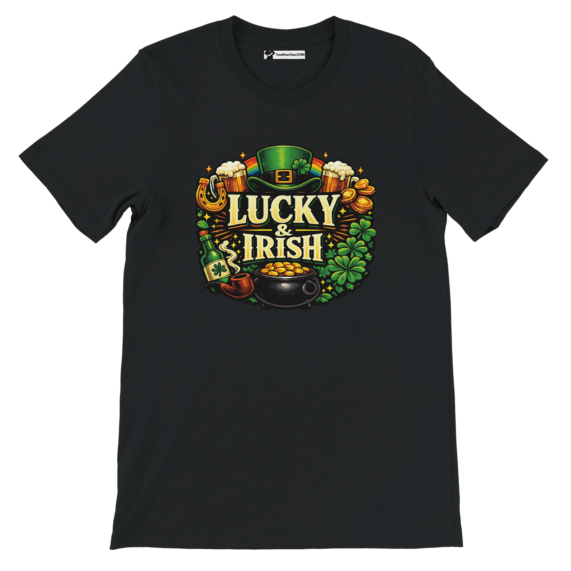 Black t-shirt with "Lucky & Irish" text, leprechaun hat, clovers, gold coins, and St. Patrick's Day theme