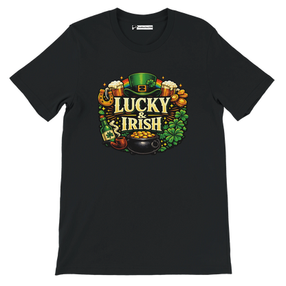 Black t-shirt with "Lucky & Irish" text, leprechaun hat, clovers, gold coins, and St. Patrick's Day theme