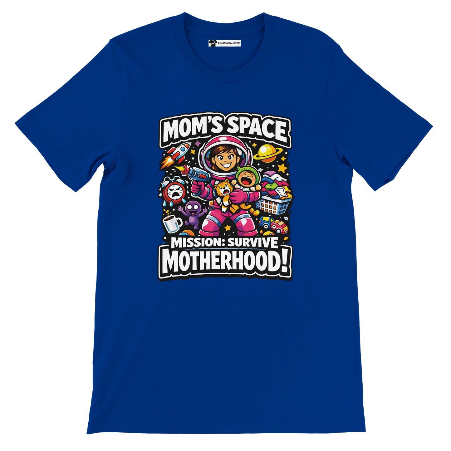 Blue t-shirt with anime-style mom astronaut, space icons, and 'Mom's Space Mission: Survive Motherhood!' quote.