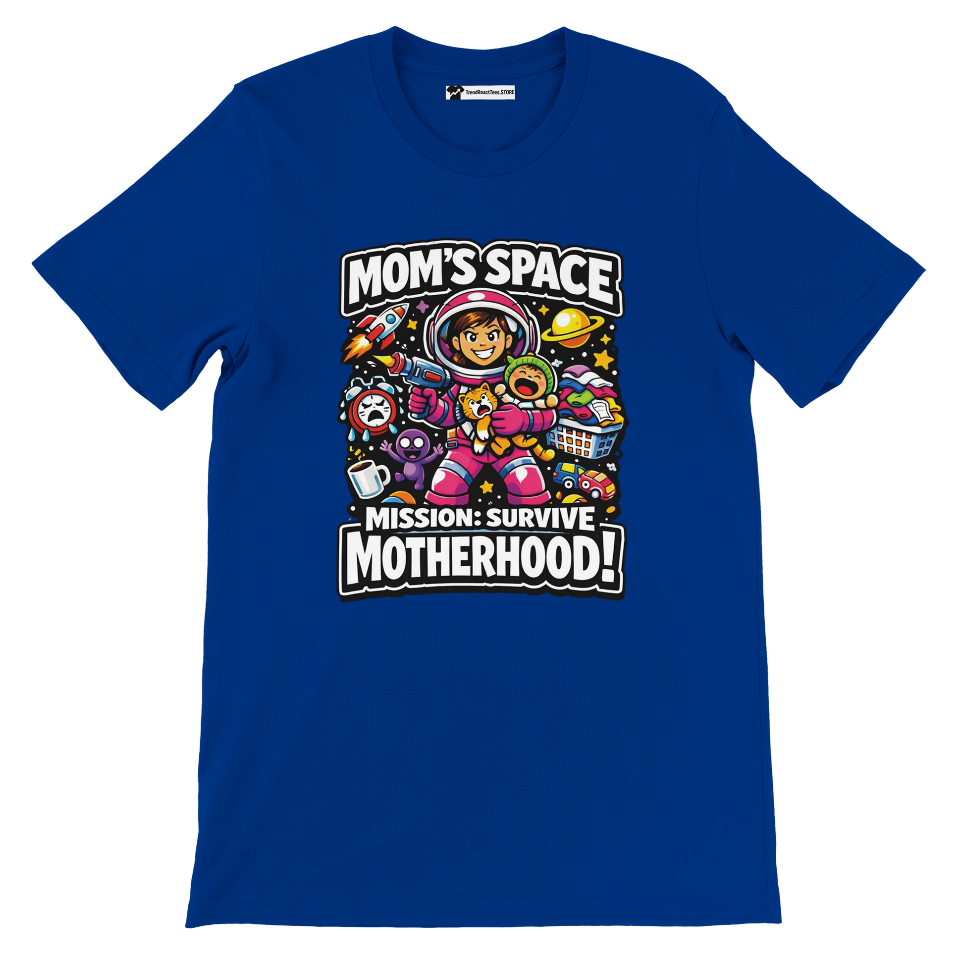 Blue t-shirt with anime-style mom astronaut, space icons, and 'Mom's Space Mission: Survive Motherhood!' quote.