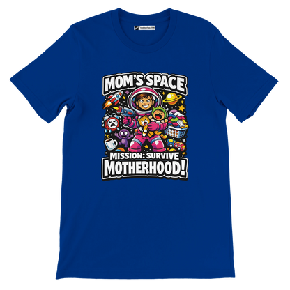 Blue t-shirt with anime-style mom astronaut, space icons, and 'Mom's Space Mission: Survive Motherhood!' quote.
