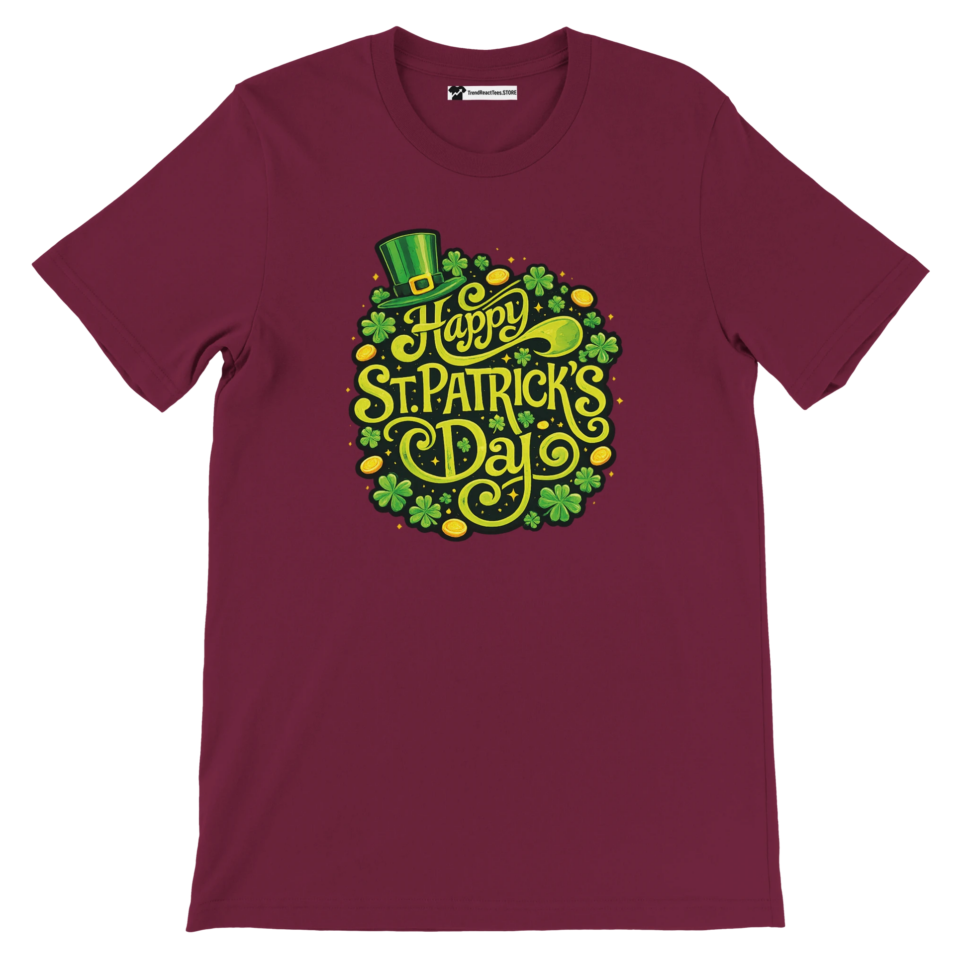Maroon t-shirt with "Happy St. Patrick's Day" text, clovers, coins, and a green hat graphic.