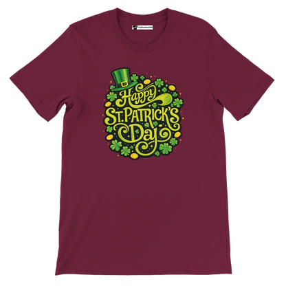 Maroon t-shirt with "Happy St. Patrick's Day" text, clovers, coins, and a green hat graphic.
