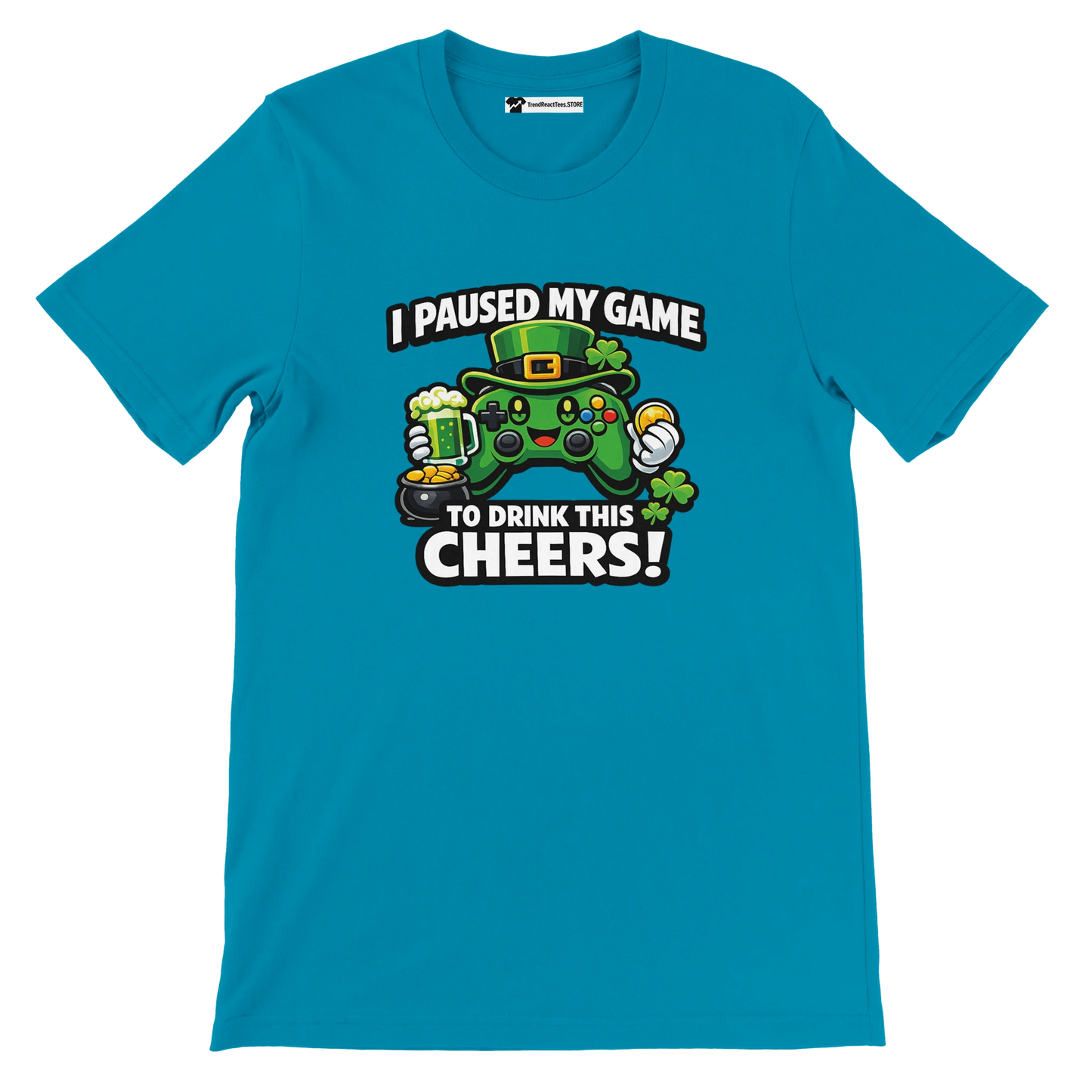 Teal t-shirt with St. Patrick's Day gamer graphic, beer mug, clovers, and controller print.