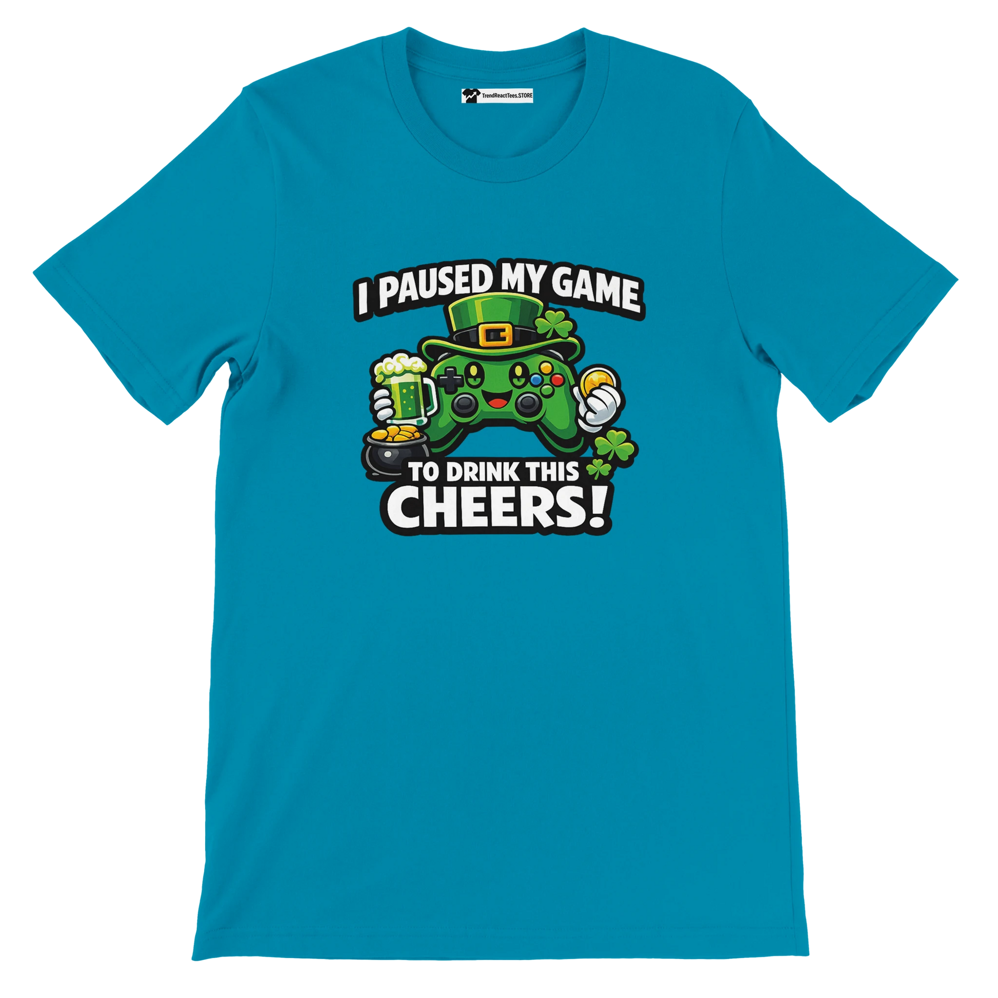 Teal t-shirt with St. Patrick's Day gamer graphic, beer mug, clovers, and controller print.
