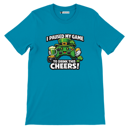 Teal t-shirt with St. Patrick's Day gamer graphic, beer mug, clovers, and controller print.