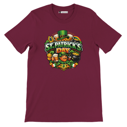 Maroon St. Patrick's Day t-shirt with leprechaun, beer, shamrocks, and gold coins graphic design
