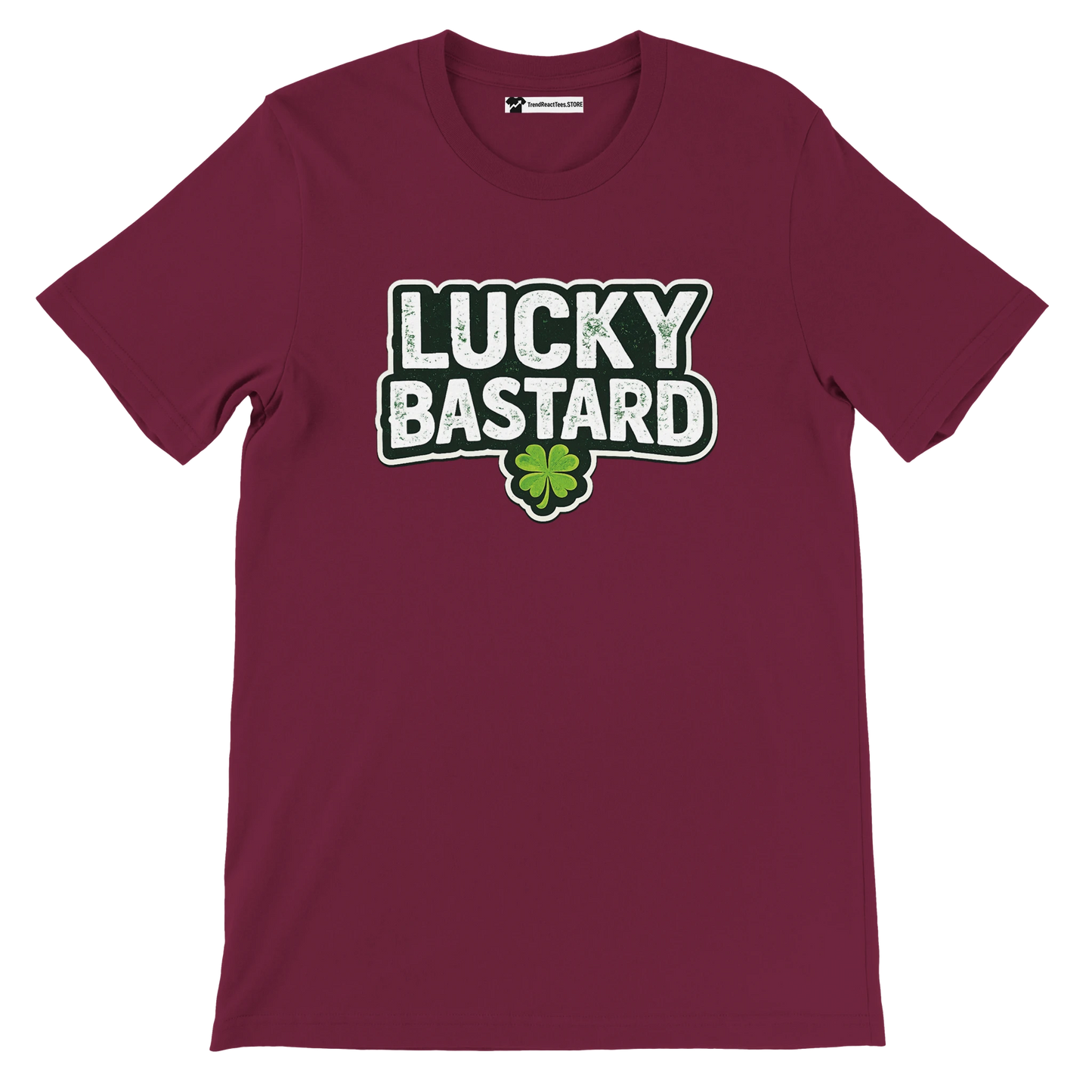 Maroon Lucky Bastard tee with shamrock, St. Patrick's Day graphic tee for holidays and lifestyle