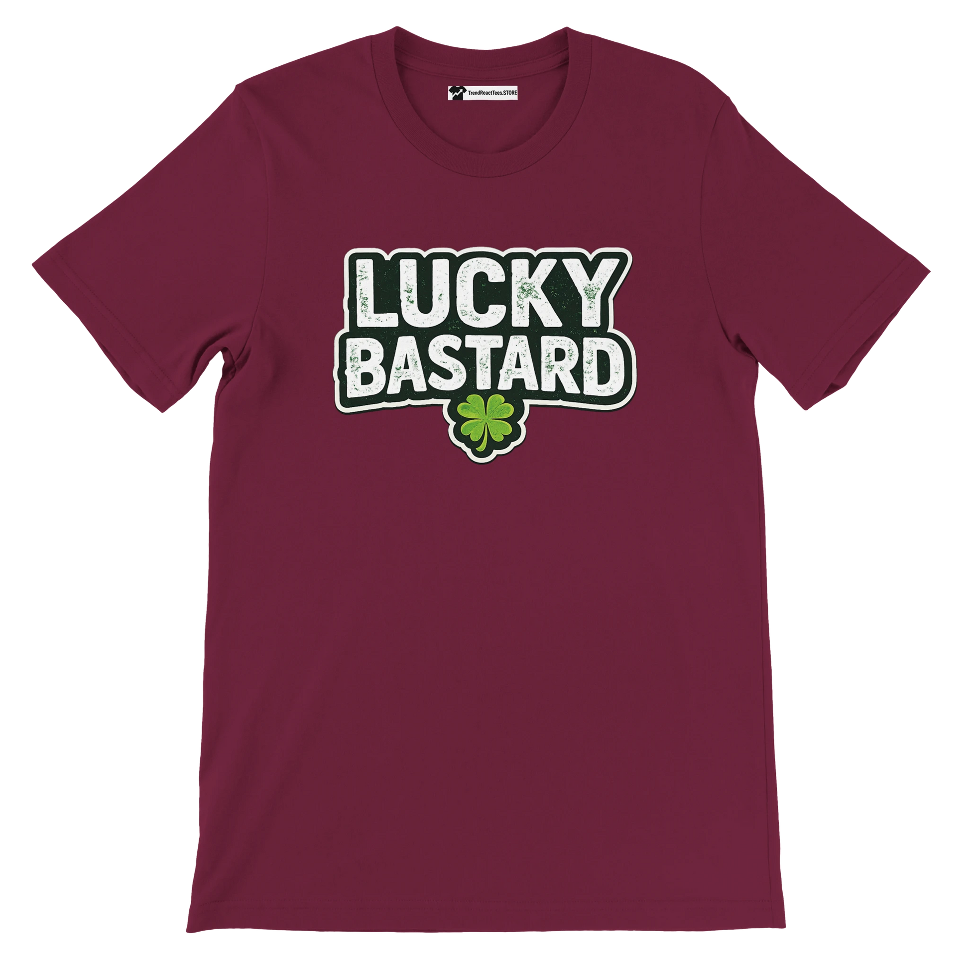 Maroon Lucky Bastard tee with shamrock, St. Patrick's Day graphic tee for holidays and lifestyle