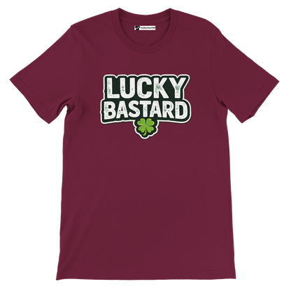 Maroon Lucky Bastard tee with shamrock, St. Patrick's Day graphic tee for holidays and lifestyle