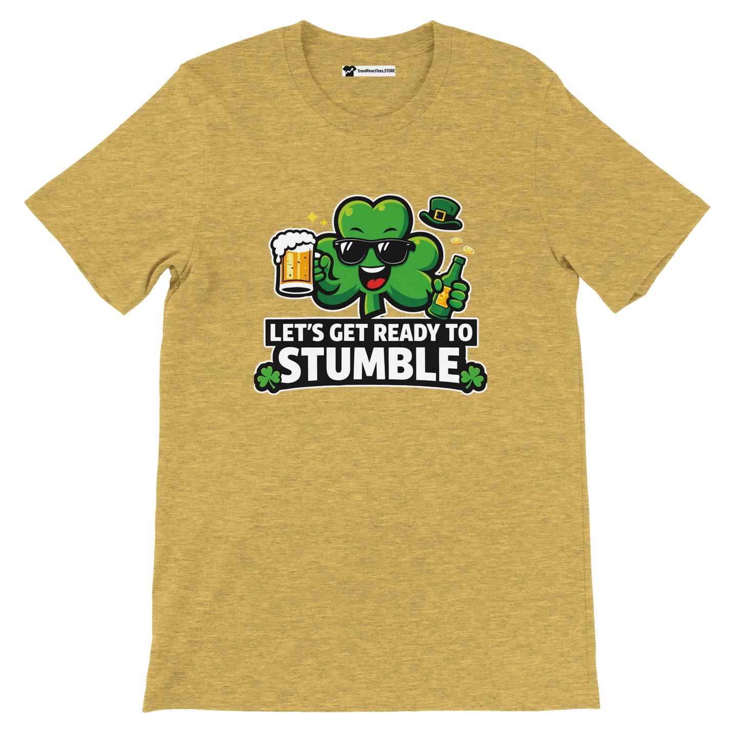 Yellow t-shirt with a cartoon shamrock holding beer, St. Patrick’s Day quote, festive design