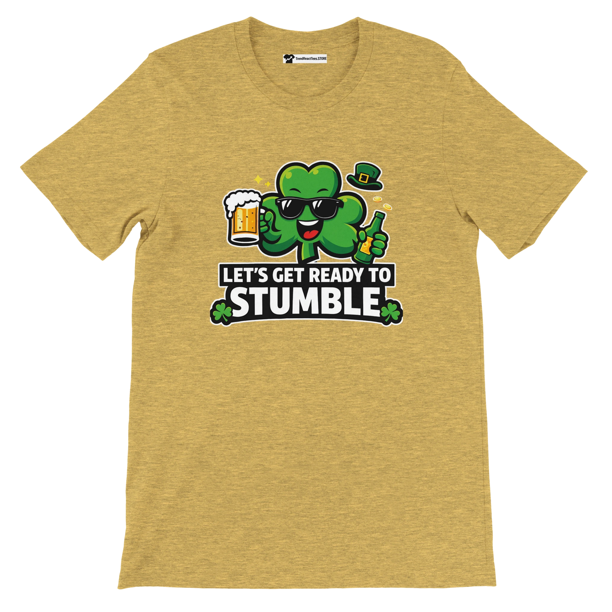 Yellow t-shirt with a cartoon shamrock holding beer, St. Patrick’s Day quote, festive design