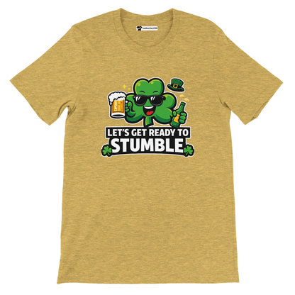 Yellow t-shirt with a cartoon shamrock holding beer, St. Patrick’s Day quote, festive design
