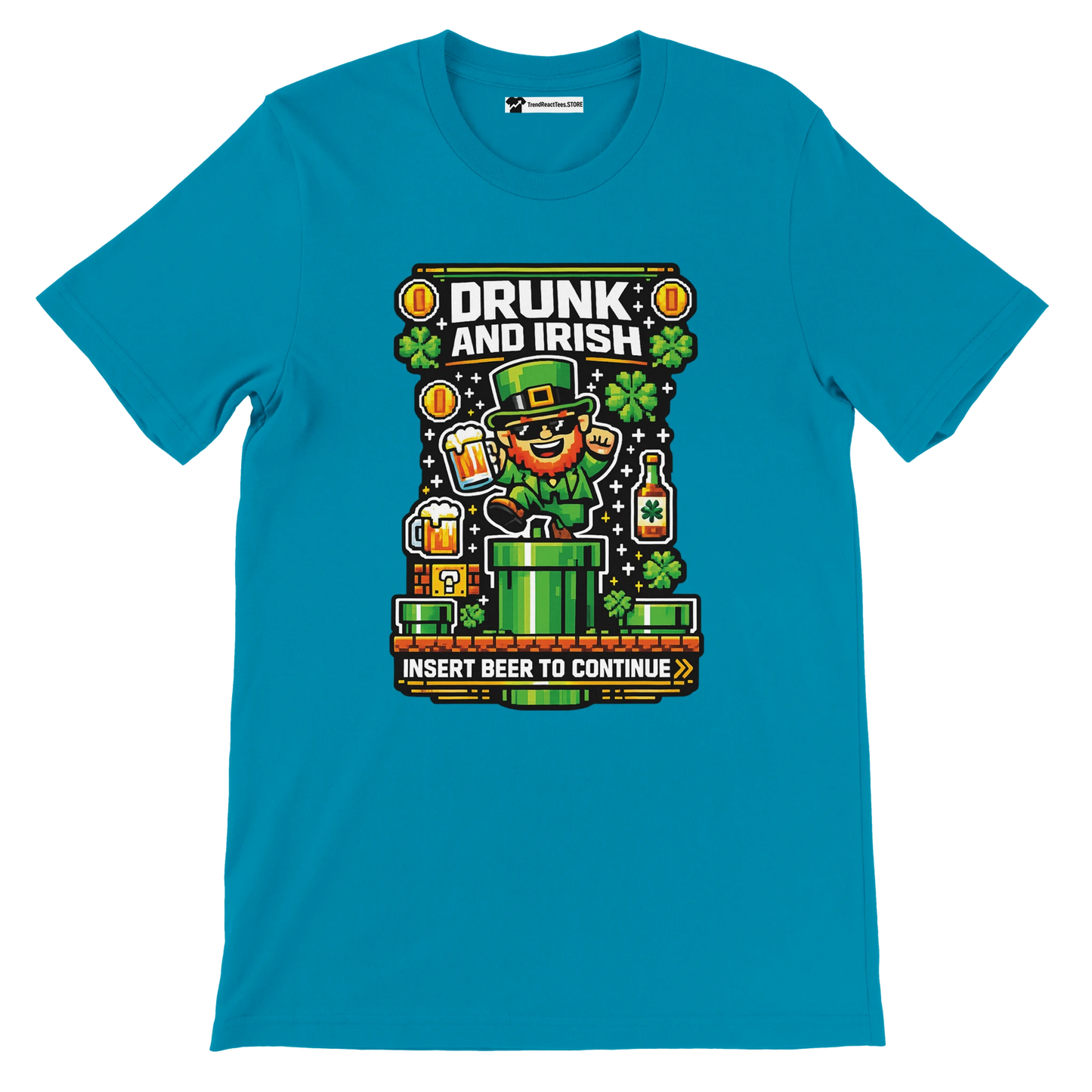 Drunk and Irish pixel art leprechaun tee with beer, shamrocks, and gaming theme