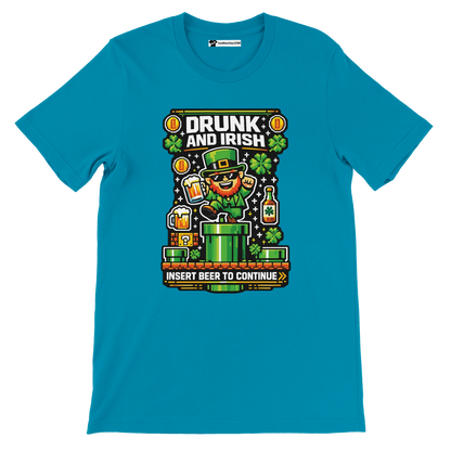Drunk and Irish pixel art leprechaun tee with beer, shamrocks, and gaming theme
