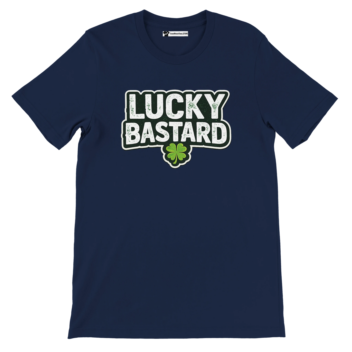 Navy blue Lucky Bastard St. Patrick's Day tee with green shamrock graphic, bold white text, holiday apparel