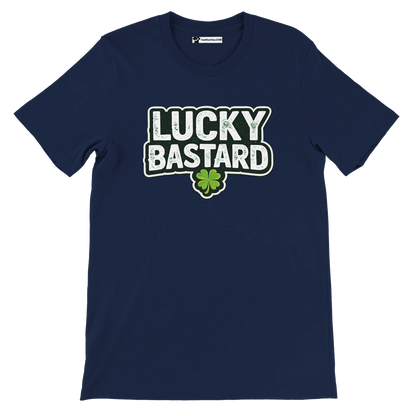 Navy blue Lucky Bastard St. Patrick's Day tee with green shamrock graphic, bold white text, holiday apparel