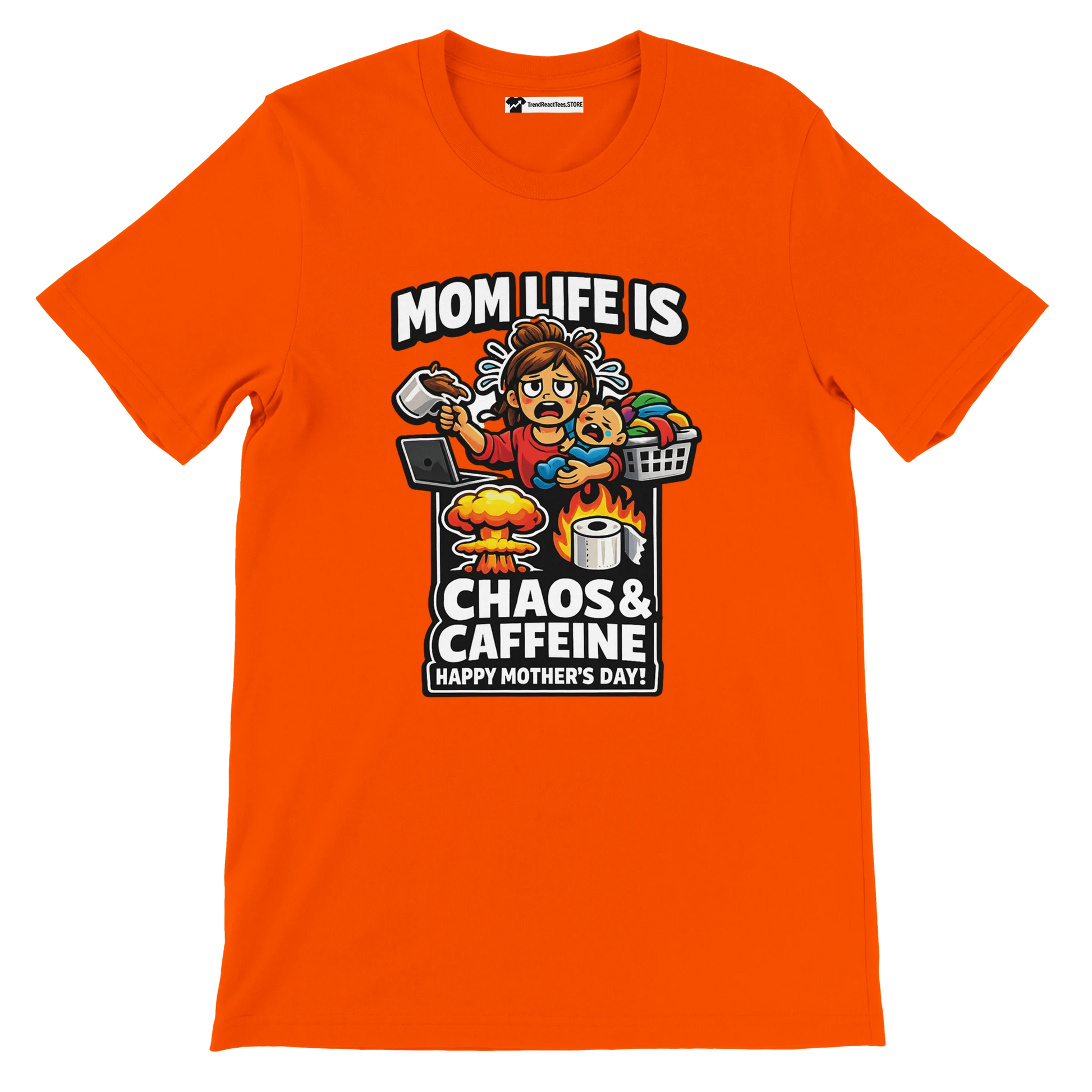 Orange Mother's Day t-shirt featuring cartoon mom juggling coffee, baby, laundry, and comic chaos scene.