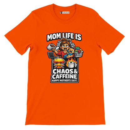 Orange Mother's Day t-shirt featuring cartoon mom juggling coffee, baby, laundry, and comic chaos scene.
