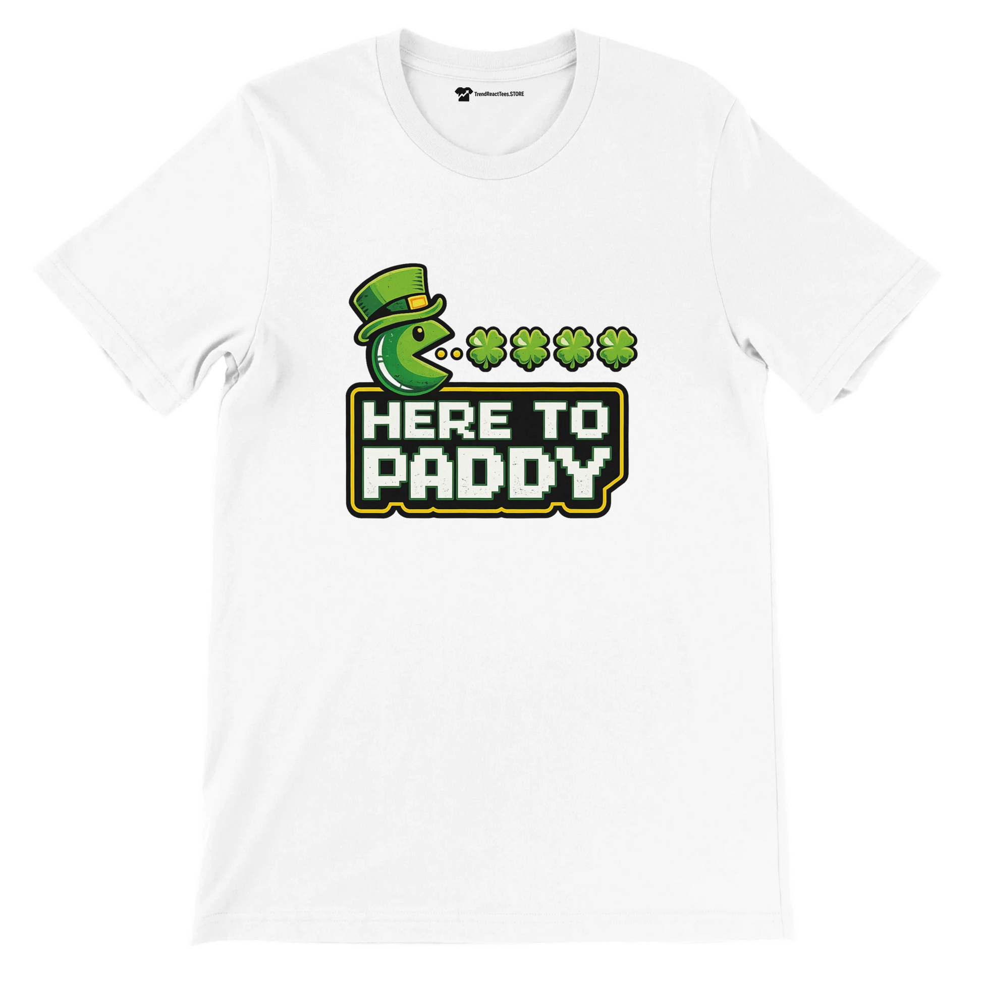 White St. Patrick's Day tee with Pac-Man graphic, green hat, shamrocks, and 'Here to Paddy' text