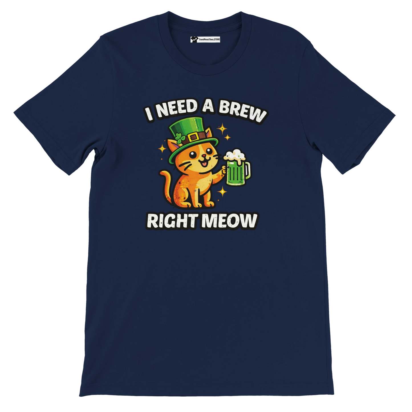 Navy blue t-shirt with cartoon cat in leprechaun hat holding green beer, St. Patrick’s Day text pun