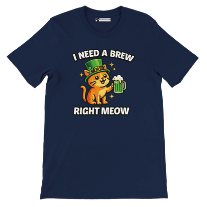 Navy blue t-shirt with cartoon cat in leprechaun hat holding green beer, St. Patrick’s Day text pun