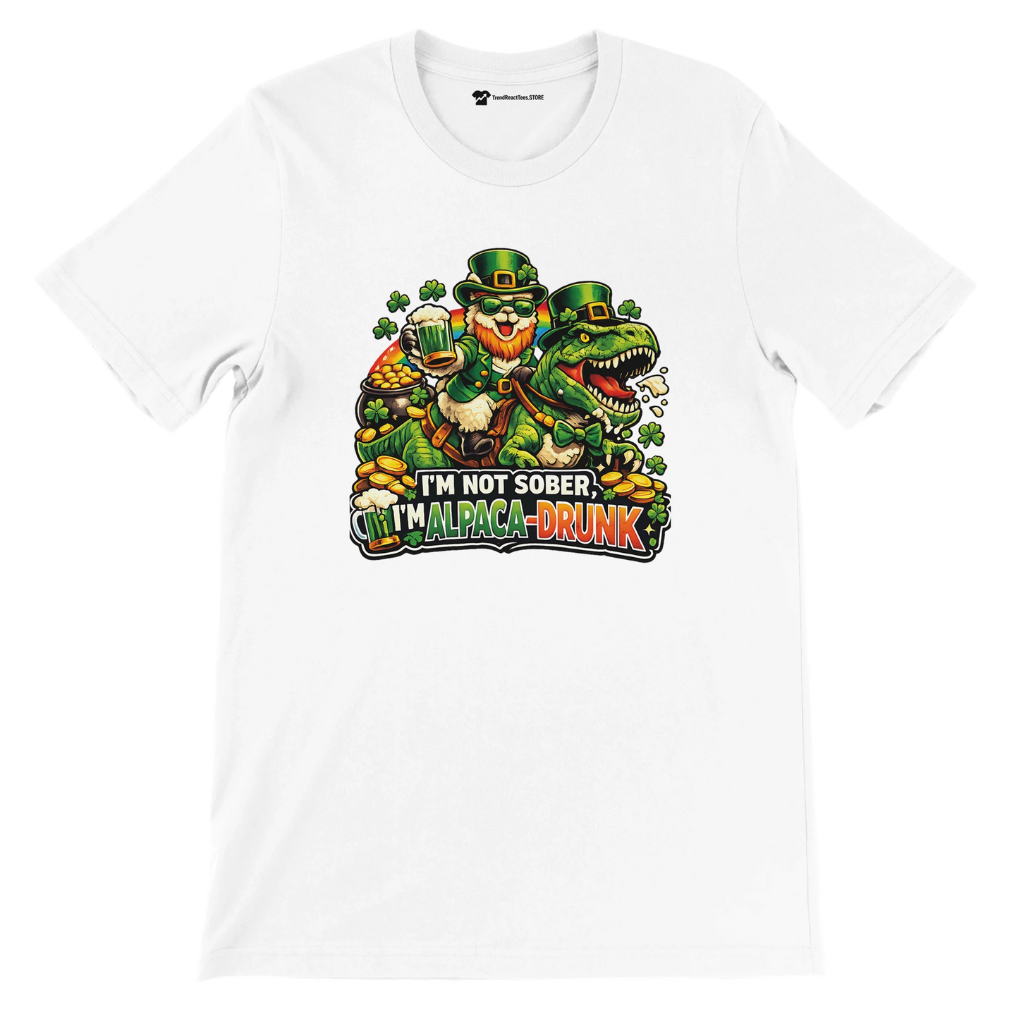 Funny St. Patrick's Day tee with leprechaun, dinosaur, shamrocks, and 'I'm Alpaca-Drunk' text for holiday fun.