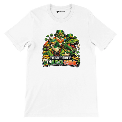 Funny St. Patrick's Day tee with leprechaun, dinosaur, shamrocks, and 'I'm Alpaca-Drunk' text for holiday fun.