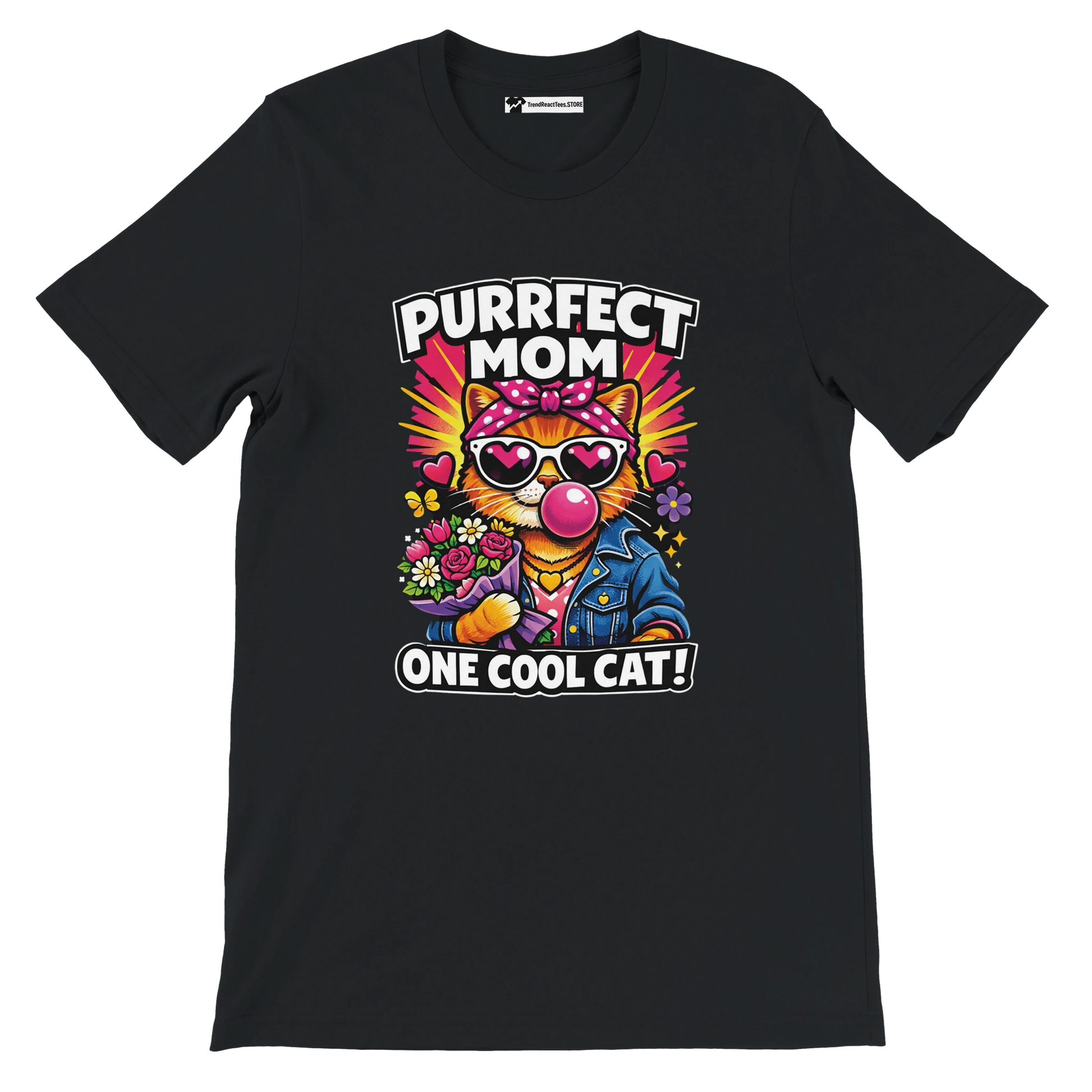 Black t-shirt with cartoon cat in sunglasses, flowers, text 'Purrfect Mom One Cool Cat'.