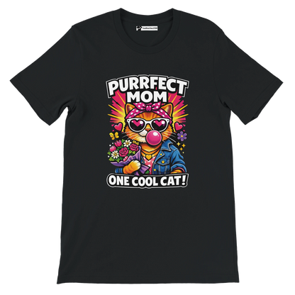 Black t-shirt with cartoon cat in sunglasses, flowers, text 'Purrfect Mom One Cool Cat'.