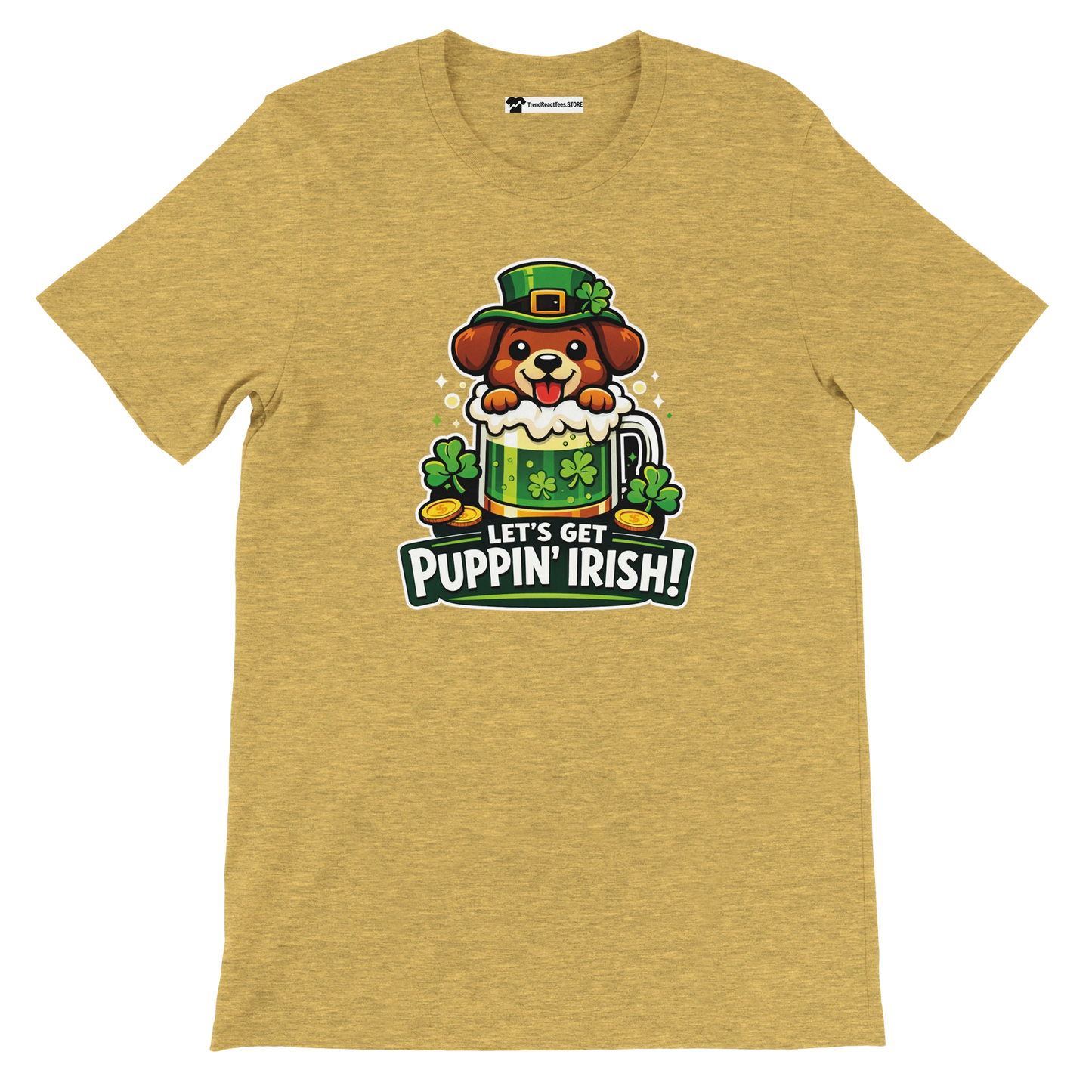 Yellow t-shirt with cute dog in leprechaun hat, shamrocks, beer mug, St. Patrick's Day design