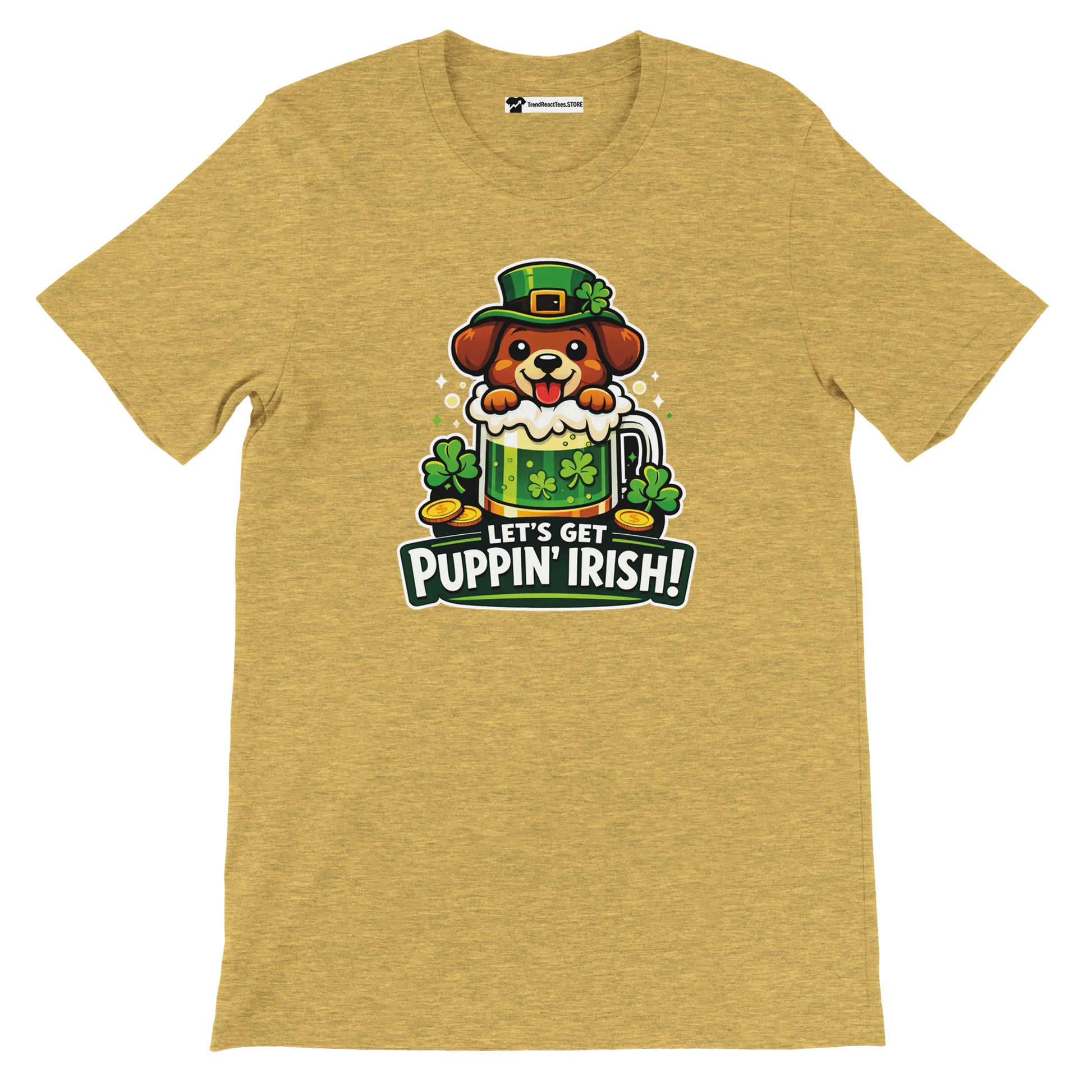 Yellow t-shirt with cute dog in leprechaun hat, shamrocks, beer mug, St. Patrick's Day design