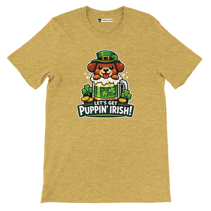 Yellow t-shirt with cute dog in leprechaun hat, shamrocks, beer mug, St. Patrick's Day design