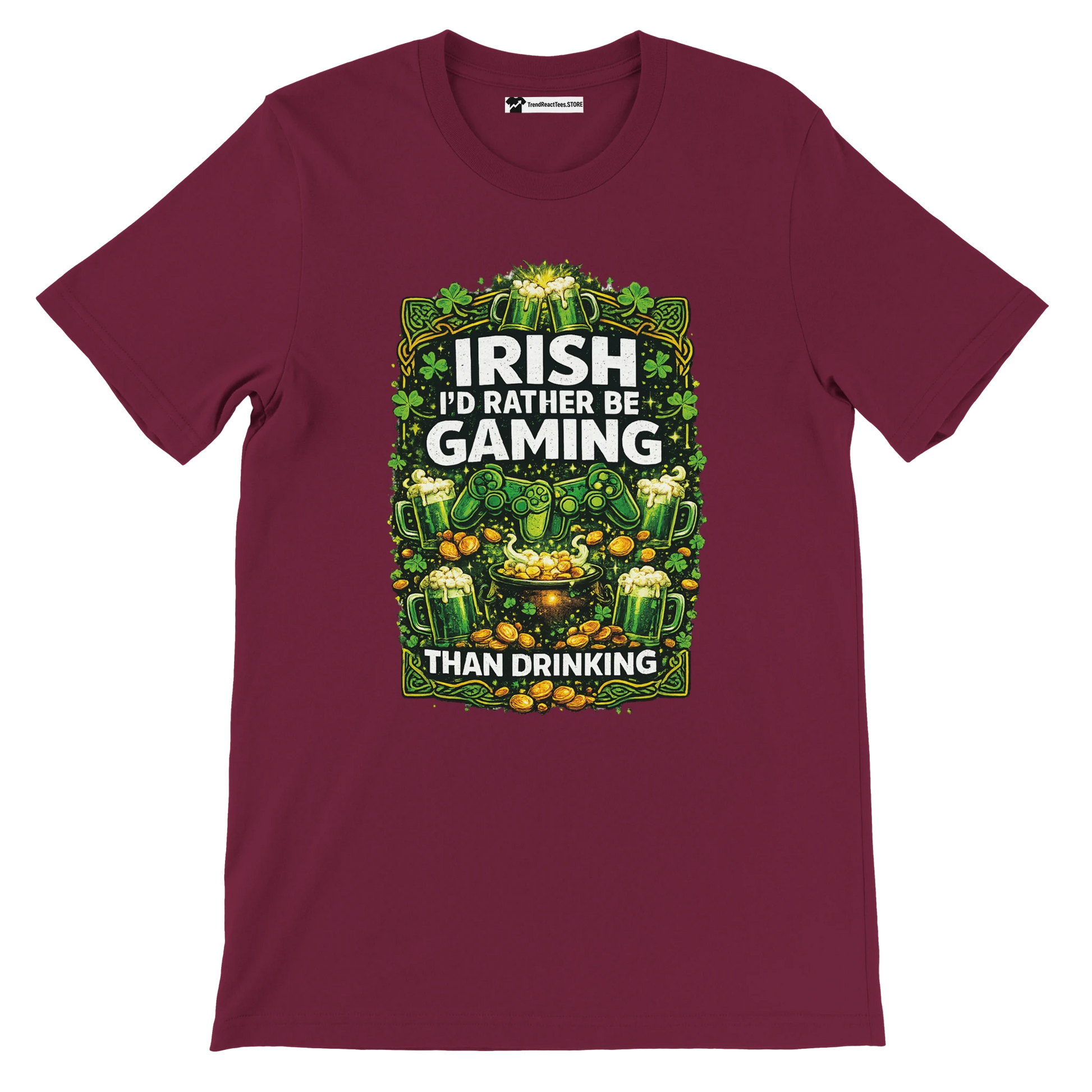 Irish gaming tee with shamrocks, beer mugs, and controllers for St. Patrick's Day