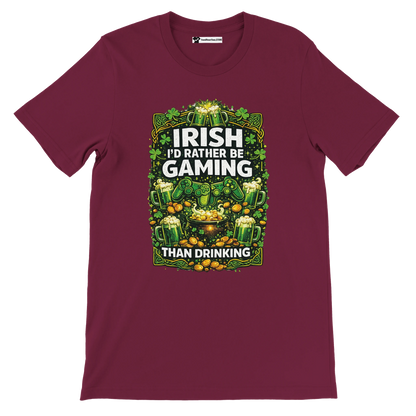 Irish gaming tee with shamrocks, beer mugs, and controllers for St. Patrick's Day