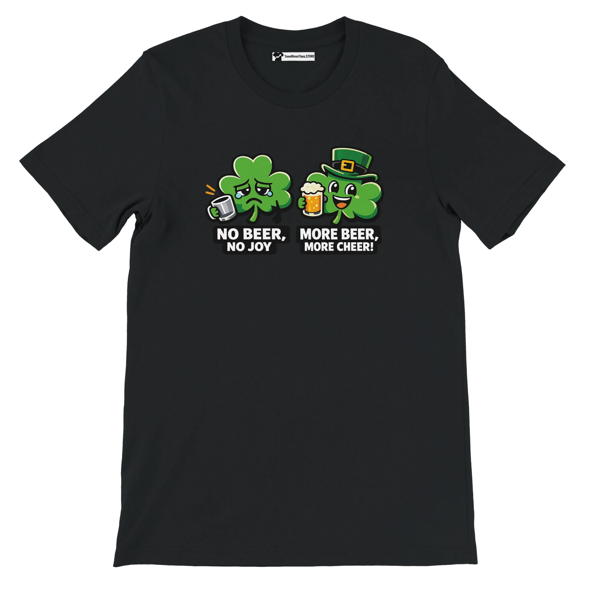 Black t-shirt with cartoon shamrocks holding mugs, St. Patrick's Day beer humor text