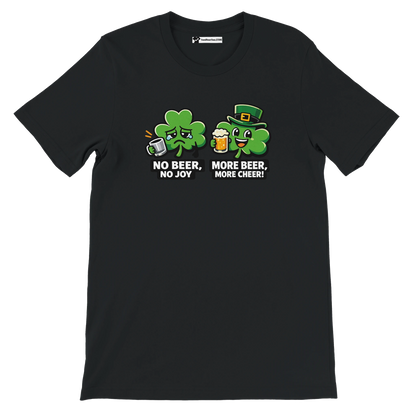 Black t-shirt with cartoon shamrocks holding mugs, St. Patrick's Day beer humor text