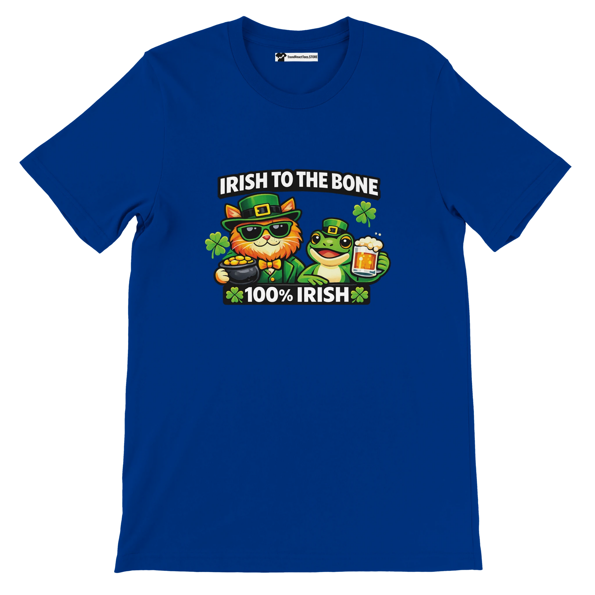 Blue Irish-themed tee with cat & frog in green hats, 'Irish to the Bone' text, shamrocks, beer, gold coins for St. Patrick’s Day.