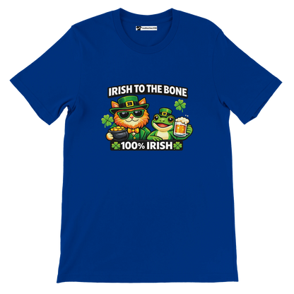 Blue Irish-themed tee with cat & frog in green hats, 'Irish to the Bone' text, shamrocks, beer, gold coins for St. Patrick’s Day.
