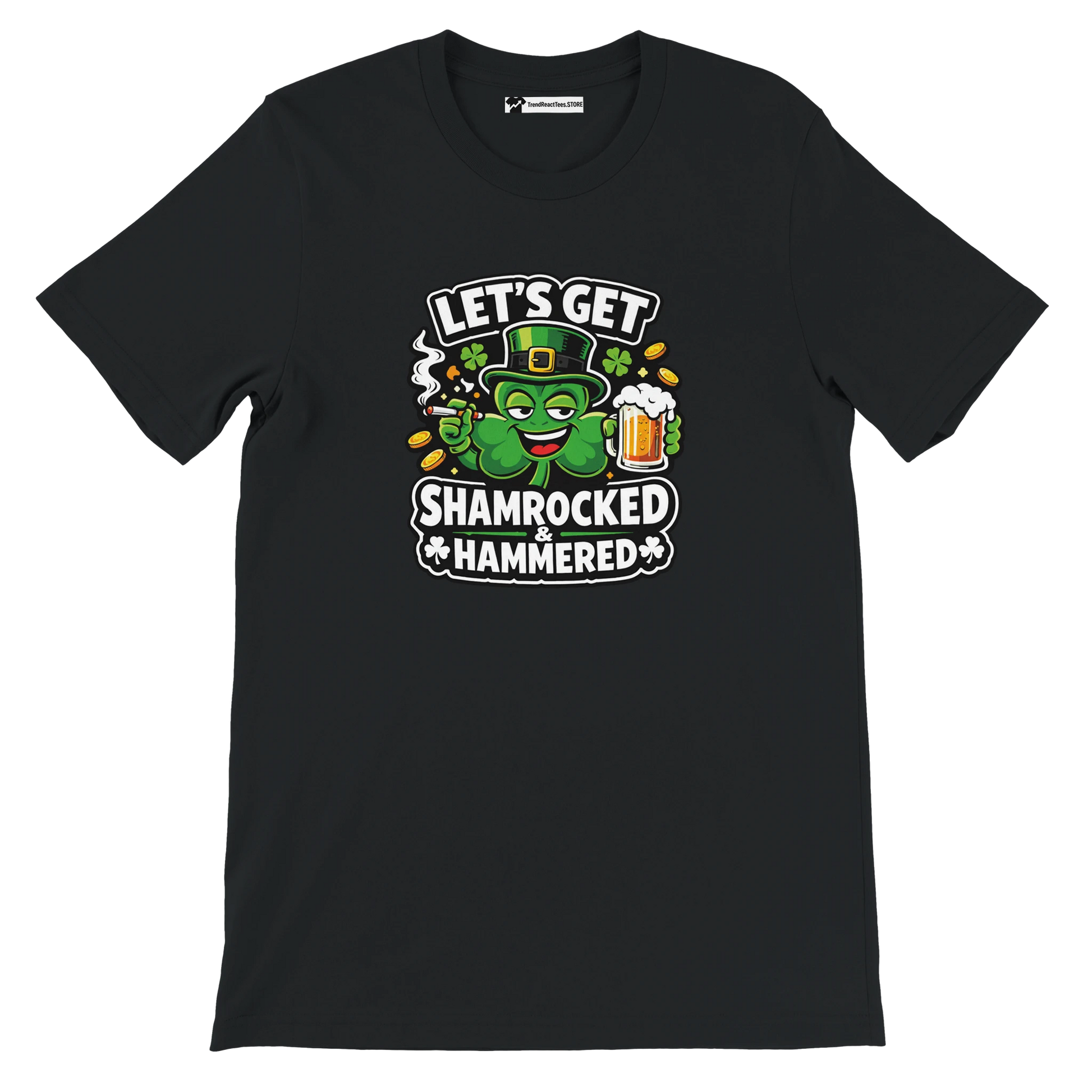 Black t-shirt with cartoon shamrock in leprechaun hat holding beer and shot, St. Patrick's Day quote.
