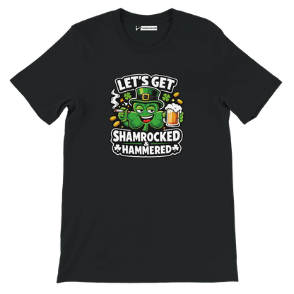 Black t-shirt with cartoon shamrock in leprechaun hat holding beer and shot, St. Patrick's Day quote.
