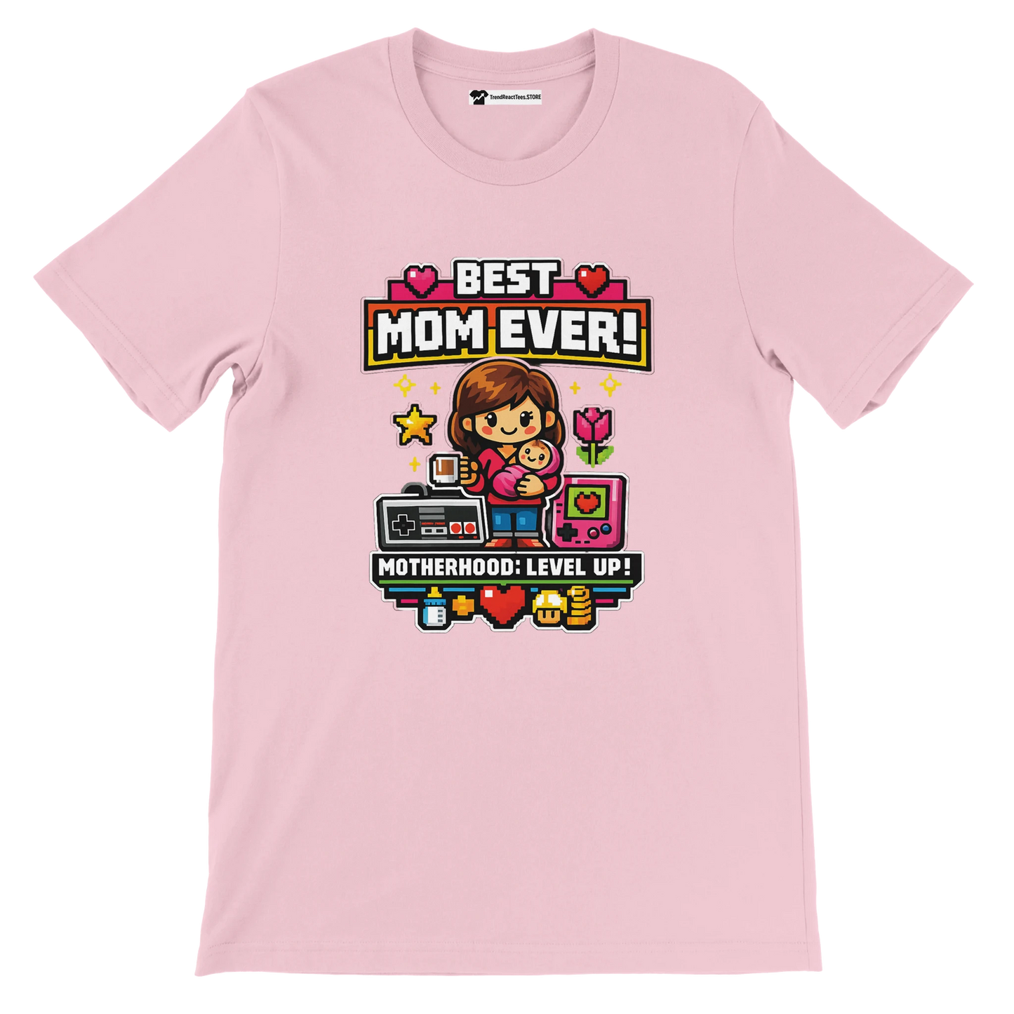 Pink anime aesthetic t-shirt with "Best Mom Ever! Motherhood: Level Up!" and gaming graphics