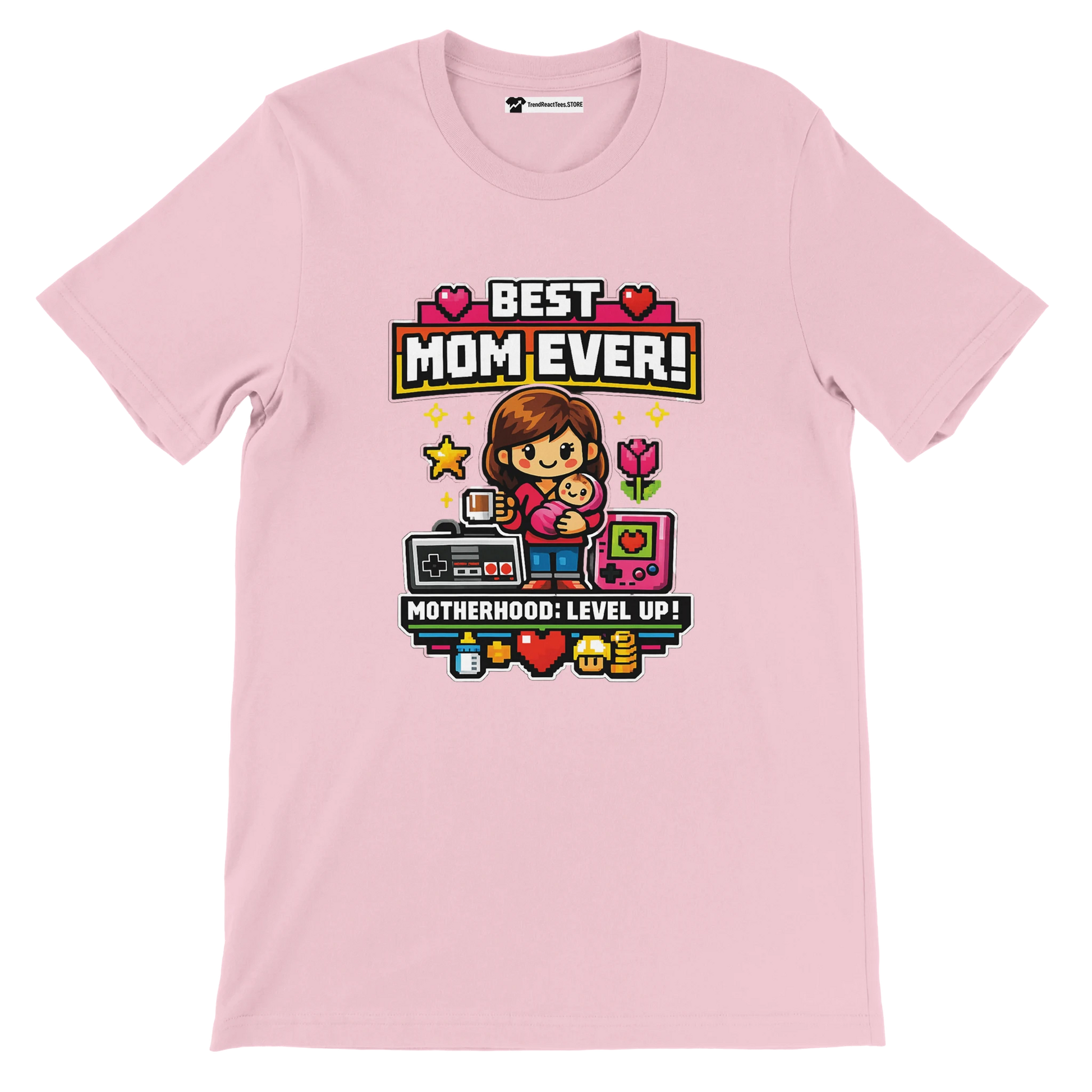 Pink anime aesthetic t-shirt with "Best Mom Ever! Motherhood: Level Up!" and gaming graphics