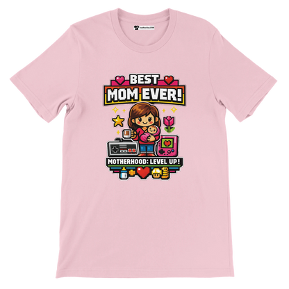 Pink anime aesthetic t-shirt with "Best Mom Ever! Motherhood: Level Up!" and gaming graphics