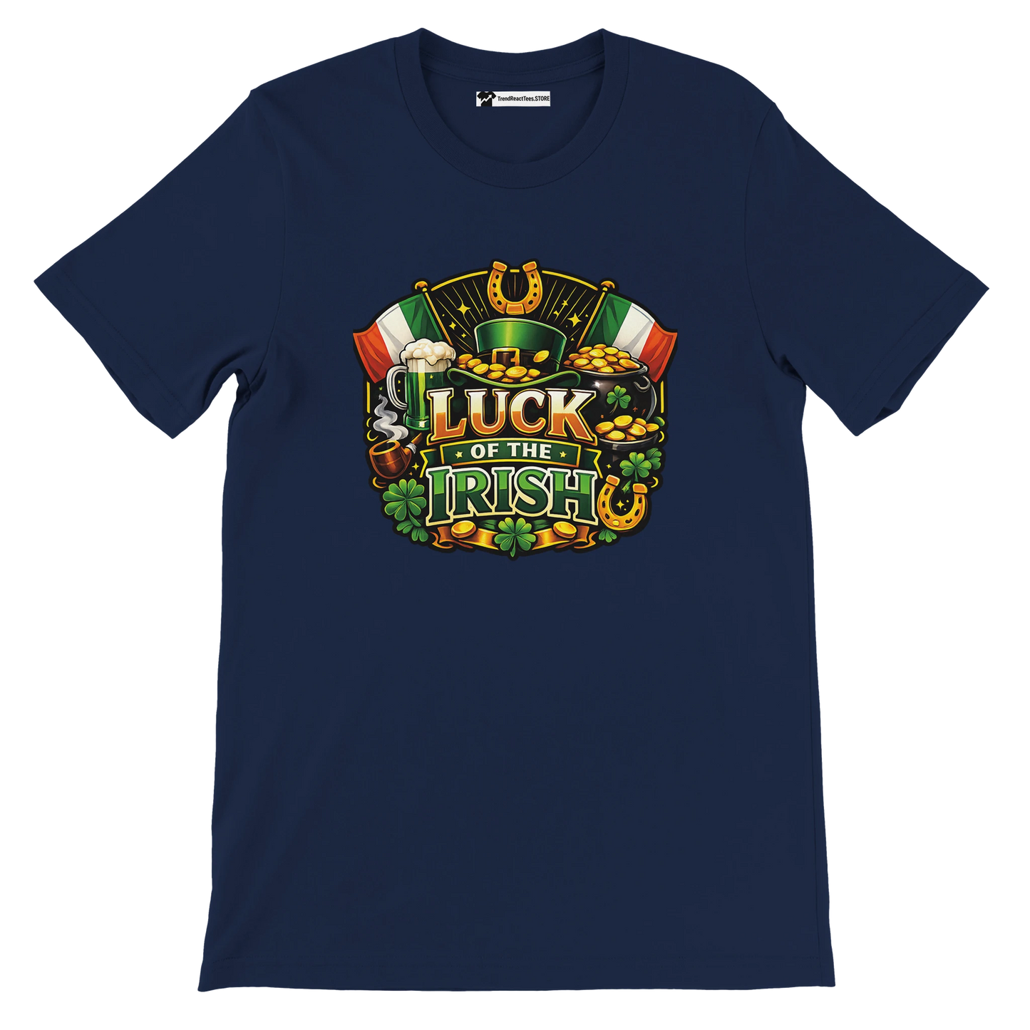 Navy blue t-shirt with 'Luck of the Irish' graphic featuring clovers, gold coins, Irish flags, and a leprechaun hat.