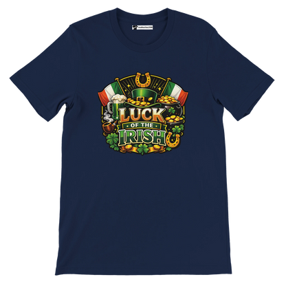 Navy blue t-shirt with 'Luck of the Irish' graphic featuring clovers, gold coins, Irish flags, and a leprechaun hat.