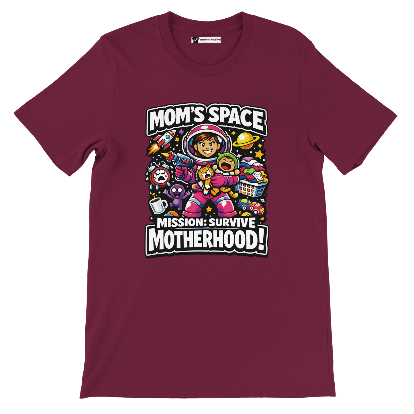 Burgundy tee with anime style mom astronaut, space and motherhood icons, fun quote graphic
