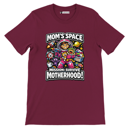 Burgundy tee with anime style mom astronaut, space and motherhood icons, fun quote graphic