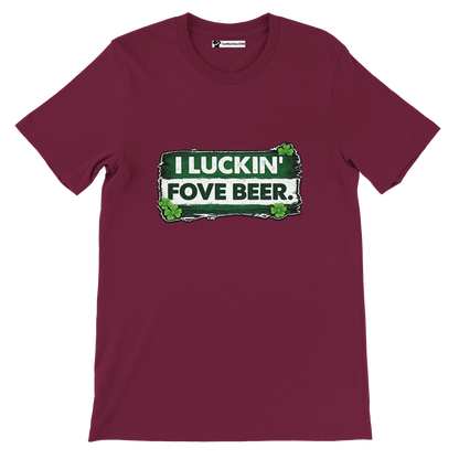 Maroon t-shirt with green and white St. Patrick's Day clover beer quote graphic